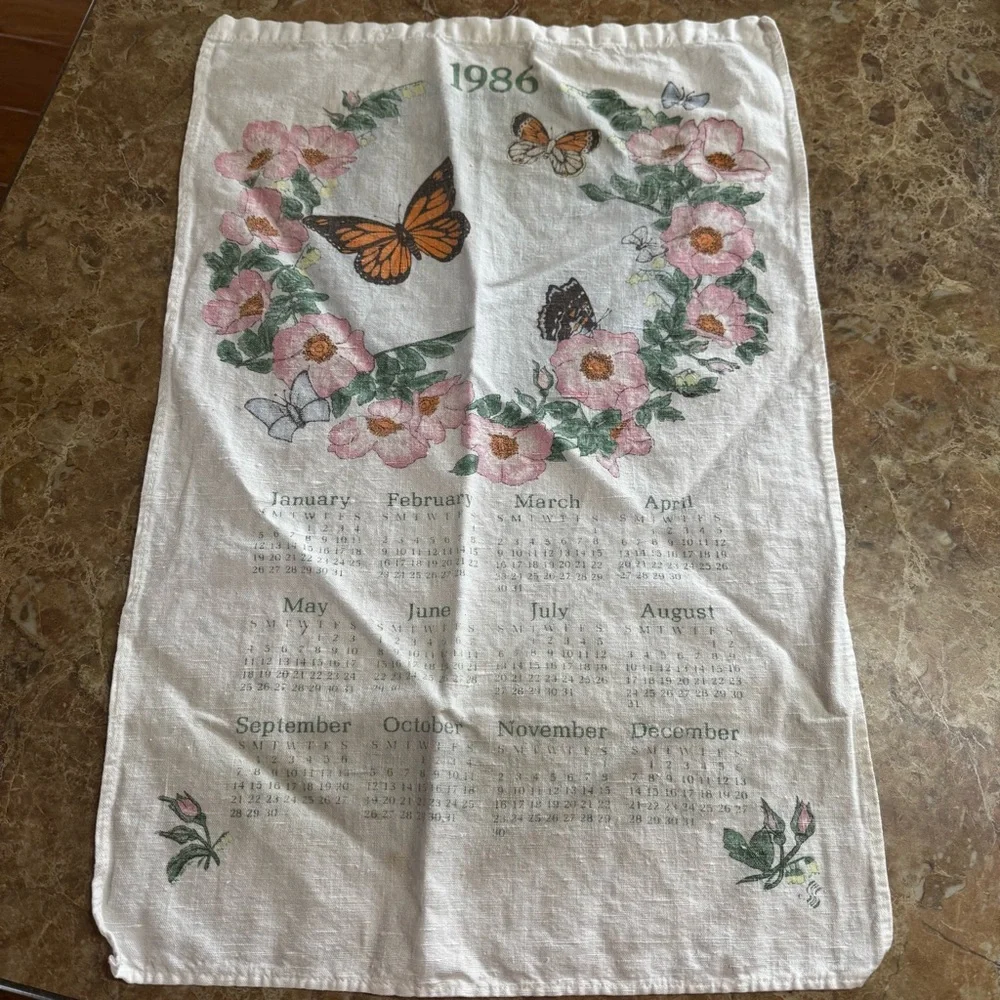 Vintage 1986 Hanging Calendar Towel Butterflies Pink Flowers Kitchen Decor